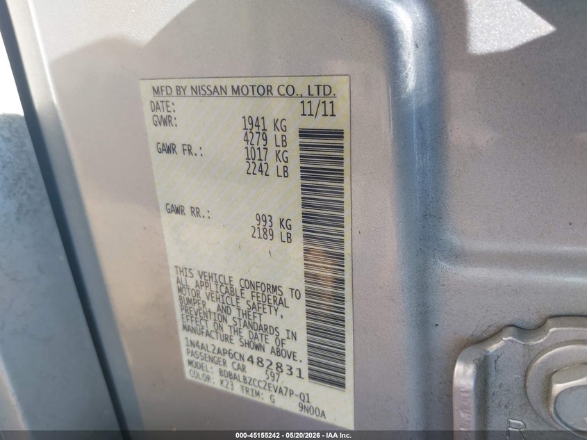 NISSAN ALTIMA 2012 VIN 1N4AL2AP6CN482831