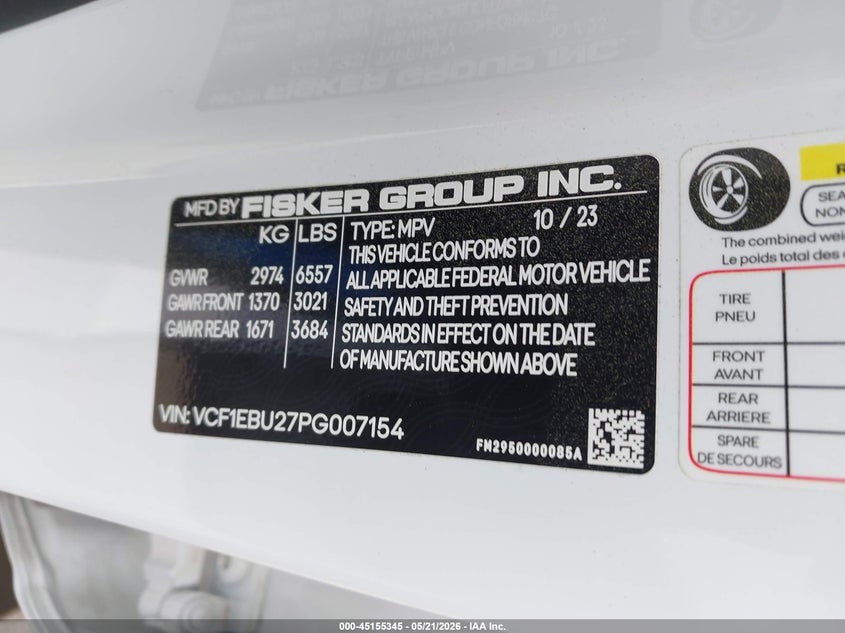 2023 Fisker Ocean Extreme VIN: VCF1EBU27PG007154 Lot: 45155345