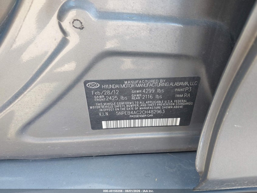 5NPEB4AC2CH482963 2012 Hyundai Sonata 2.4 Gls grey