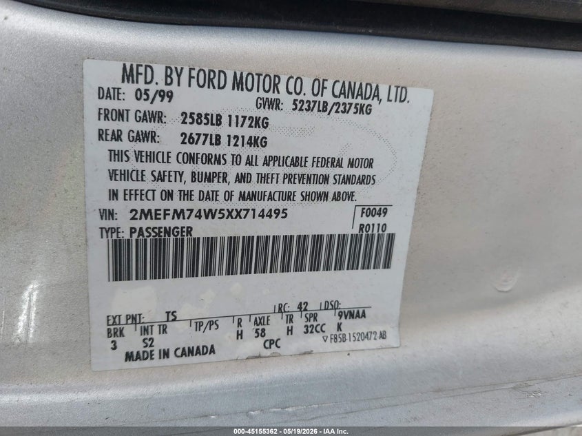 1999 Mercury Grand Marquis Gs VIN: 2MEFM74W5XX714495 Lot: 45155362