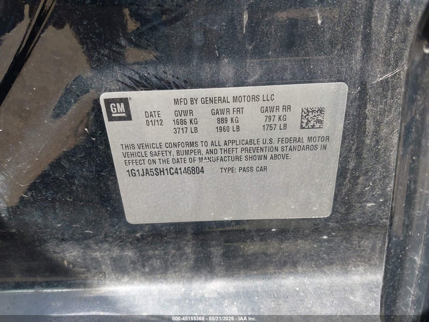 2012 Chevrolet Sonic 2Ls VIN: 1G1JA5SH1C4146804 Lot: 45155368