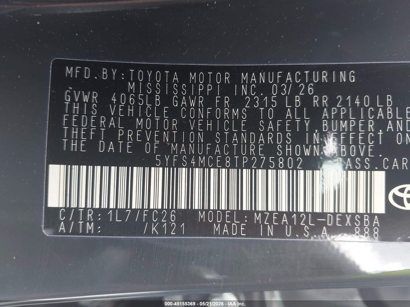 2026 TOYOTA COROLLA SEDAN 2.0L I-4 DI, DOHC, VVT, 169HP