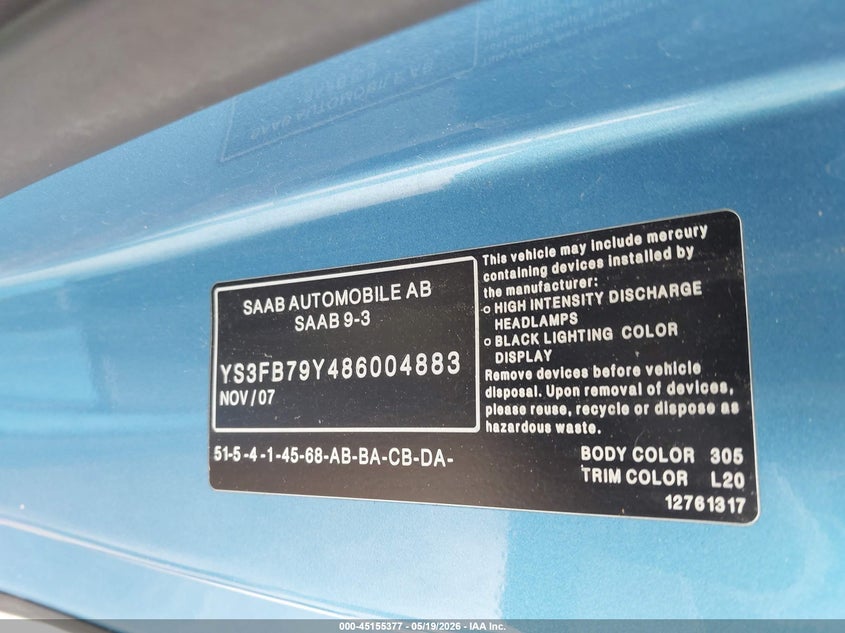 2008 Saab 9-3 2.0T VIN: YS3FB79Y486004883 Lot: 45155377