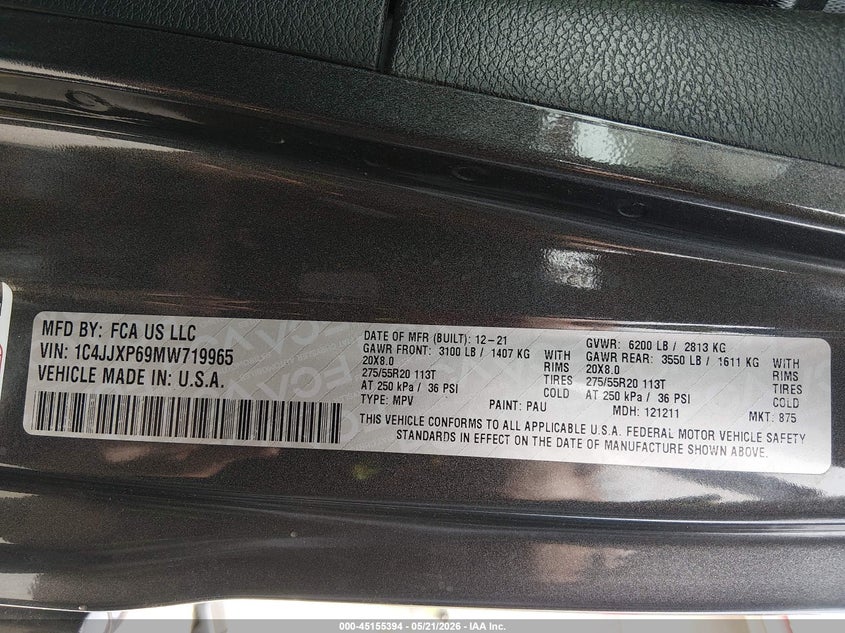 2021 Jeep Wrangler 4Xe Unlimited Sahara 4X4 VIN: 1C4JJXP69MW719965 Lot: 45155394