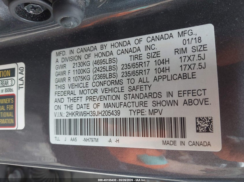 HONDA CR-V 2018 VIN 2HKRW6H39JH205439