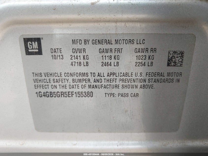 2014 Buick Lacrosse Leather Group VIN: 1G4GB5GR5EF155380 Lot: 45155444