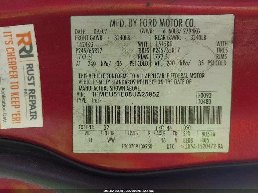 2008 Ford Explorer Sport Trac Xlt VIN: 1FMEU51E08UA25952 Lot: 45155458