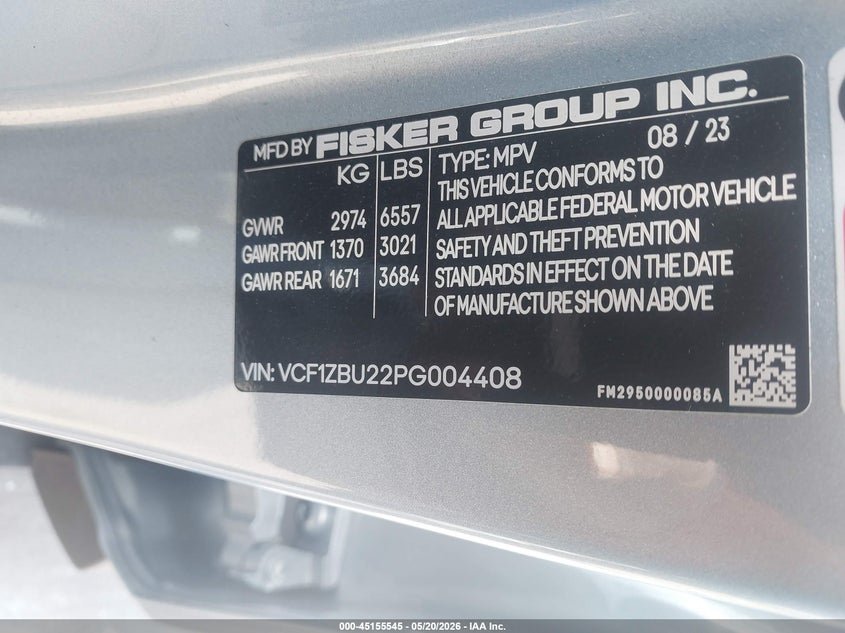 2023 Fisker Ocean One VIN: VCF1ZBU22PG004408 Lot: 45155545