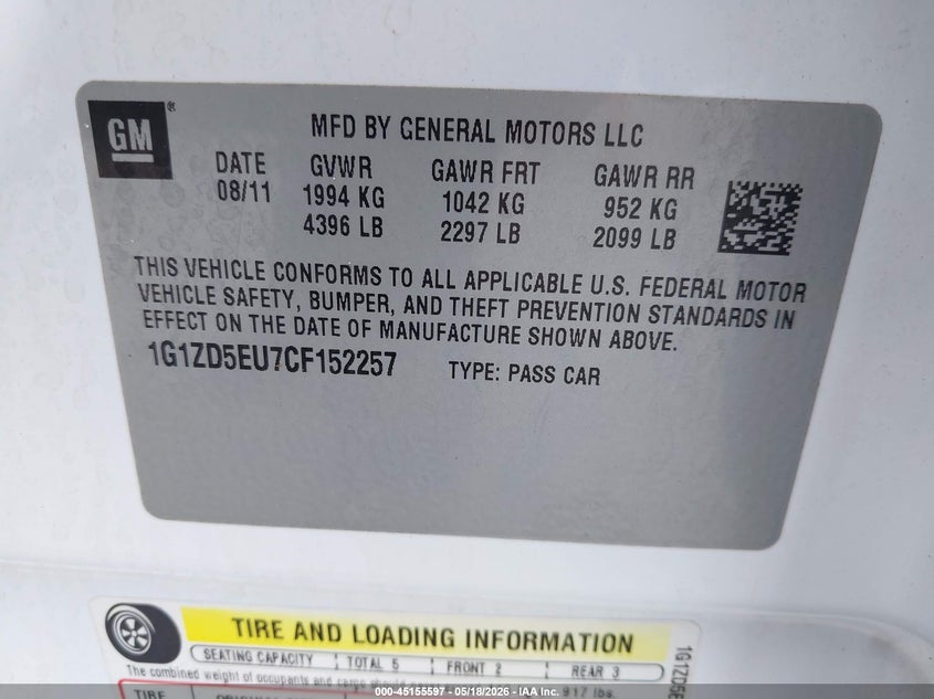 2012 CHEVROLET MALIBU SEDAN 2.4L I-4 DOHC, VVT, 170HP