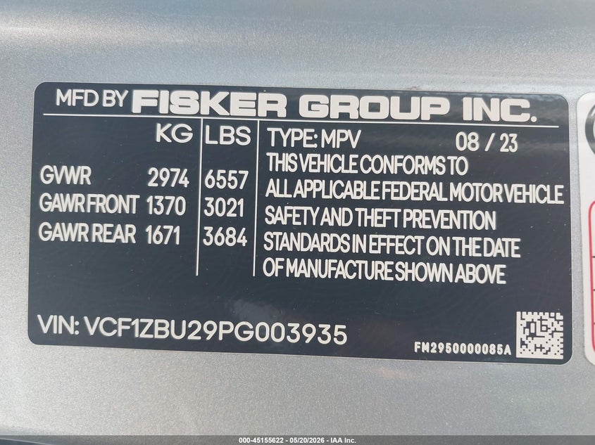 2023 Fisker Ocean One VIN: VCF1ZBU29PG003935 Lot: 45155622