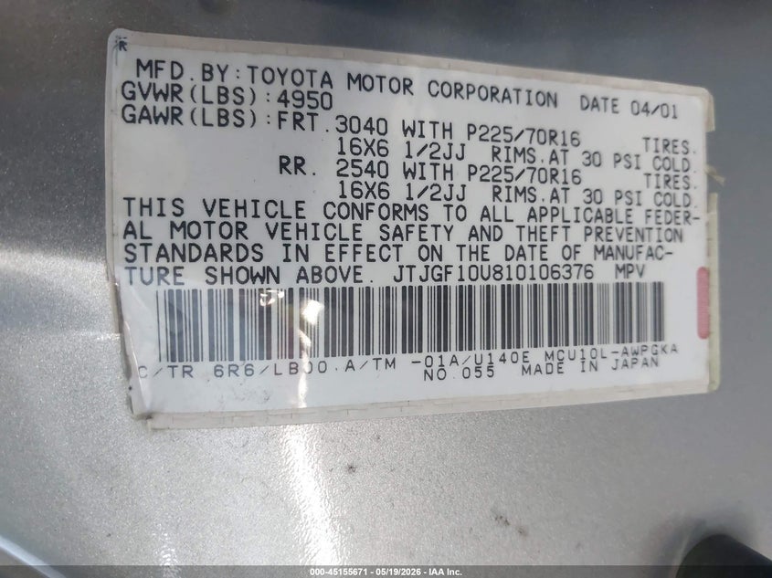 2001 Lexus Rx 300 VIN: JTJGF10U810106376 Lot: 45155671