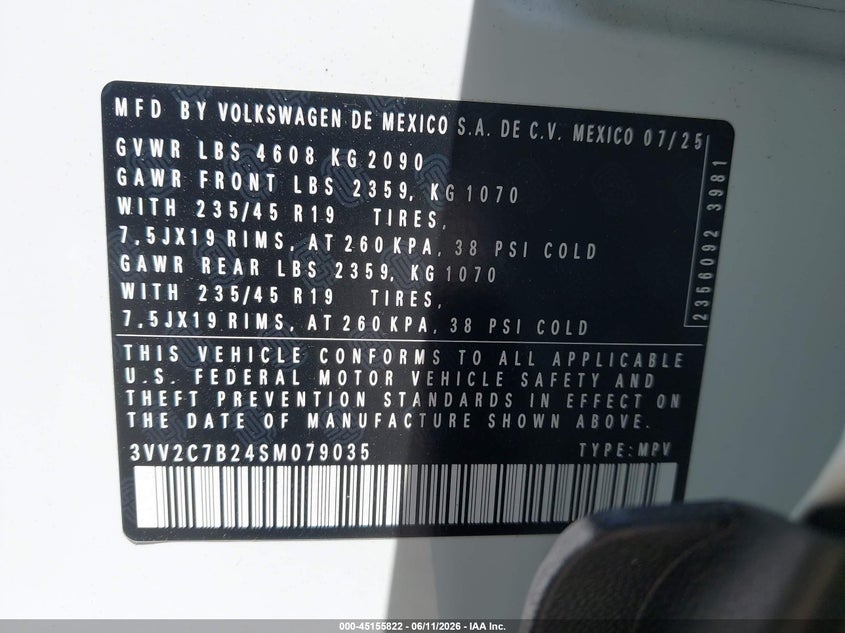 2025 Volkswagen Taos 1.5T Se Black VIN: 3VV2C7B24SM079035 Lot: 45155822