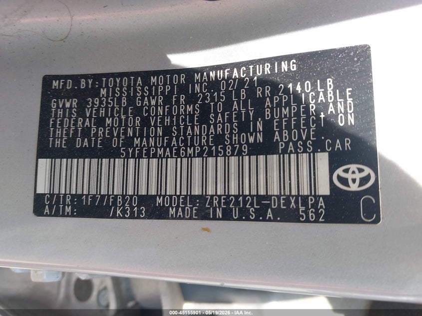 2021 TOYOTA COROLLA SEDAN 1.8L I-4 DOHC, VVT, 139HP
