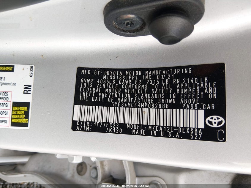 VIN 5YFS4MCE4MP082886 2021 TOYOTA COROLLA SE
