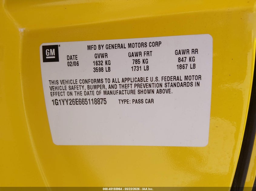 2006 Chevrolet Corvette Z06 Hardtop VIN: 1G1YY26E665118875 Lot: 45155964
