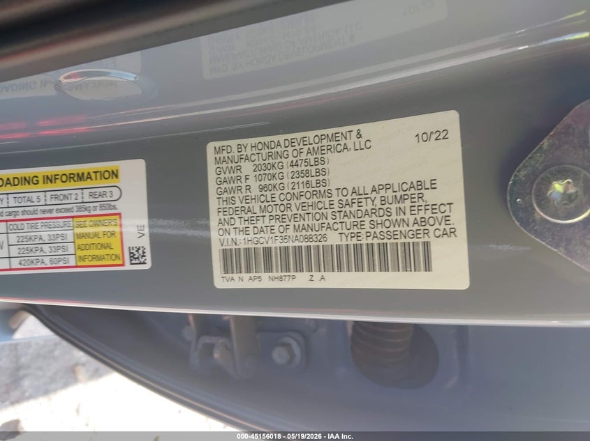 VIN 1HGCV1F35NA088326 2022 HONDA ACCORD SPORT