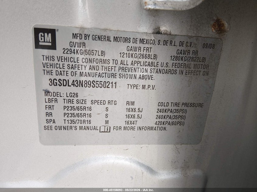 2009 Saturn Vue V6 Xe VIN: 3GSDL43N89S550211 Lot: 45156093