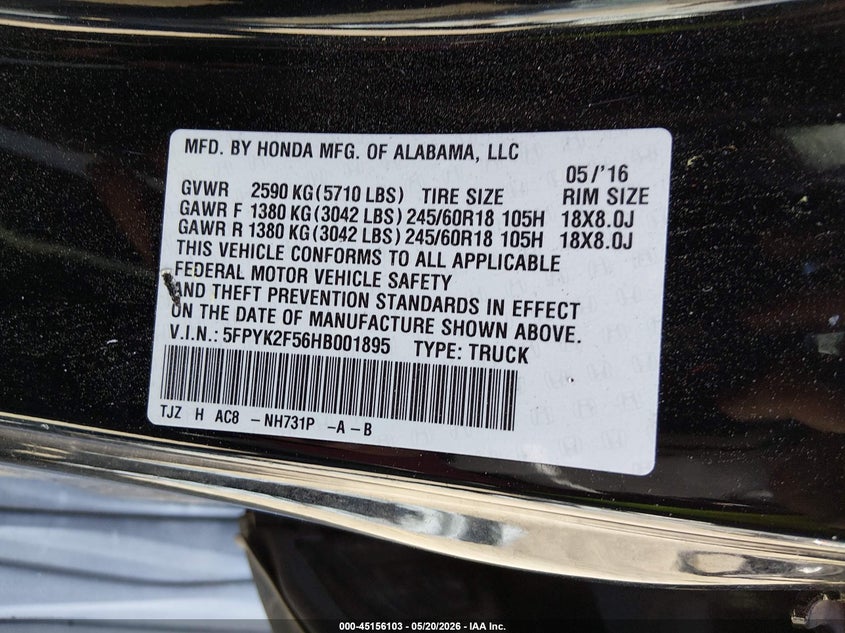 2017 Honda Ridgeline Rtl VIN: 5FPYK2F56HB001895 Lot: 45156103