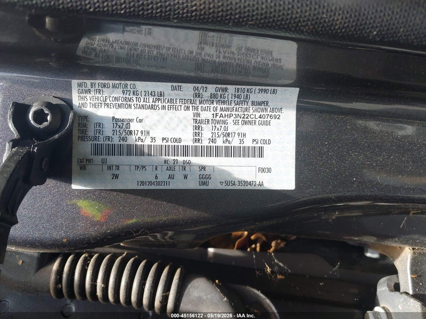 2012 FORD FOCUS HATCHBACK 2.0L I-4 DI, DOHC, VVT, 160HP