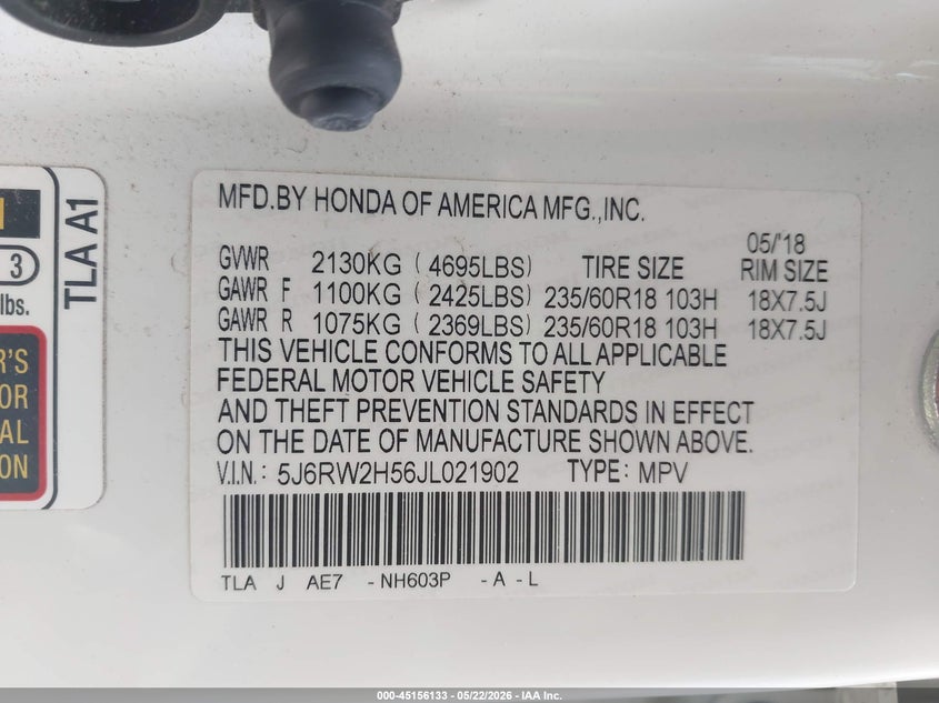 VIN 5J6RW2H56JL021902 2018 HONDA CR-V EX