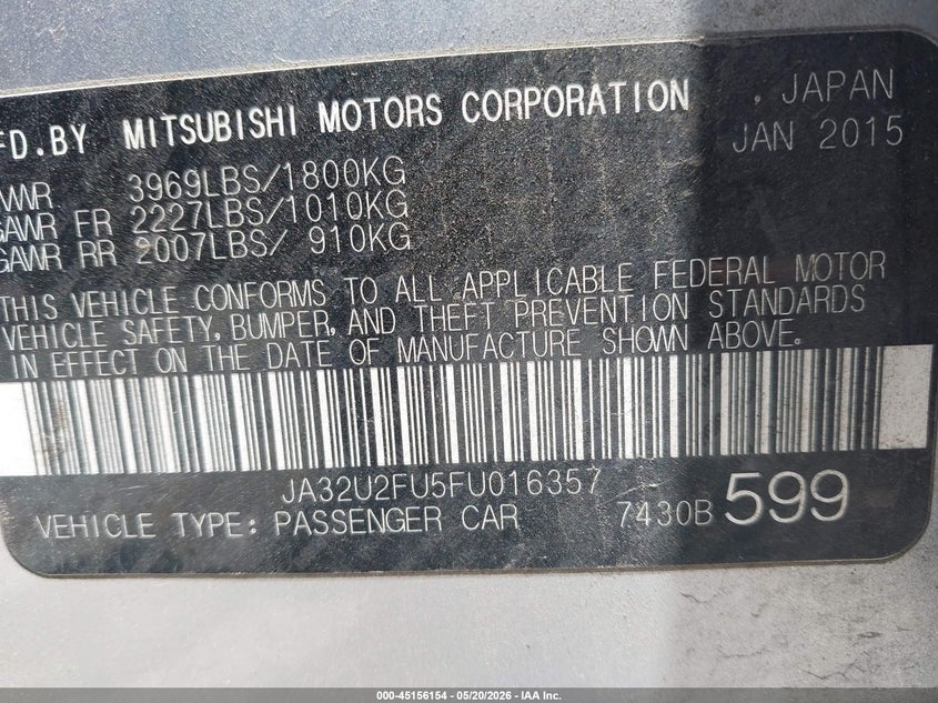 2015 Mitsubishi Lancer Es VIN: JA32U2FU5FU016357 Lot: 45156154