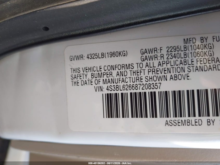 2008 Subaru Legacy 2.5I Limited VIN: 4S3BL626687208357 Lot: 45156202