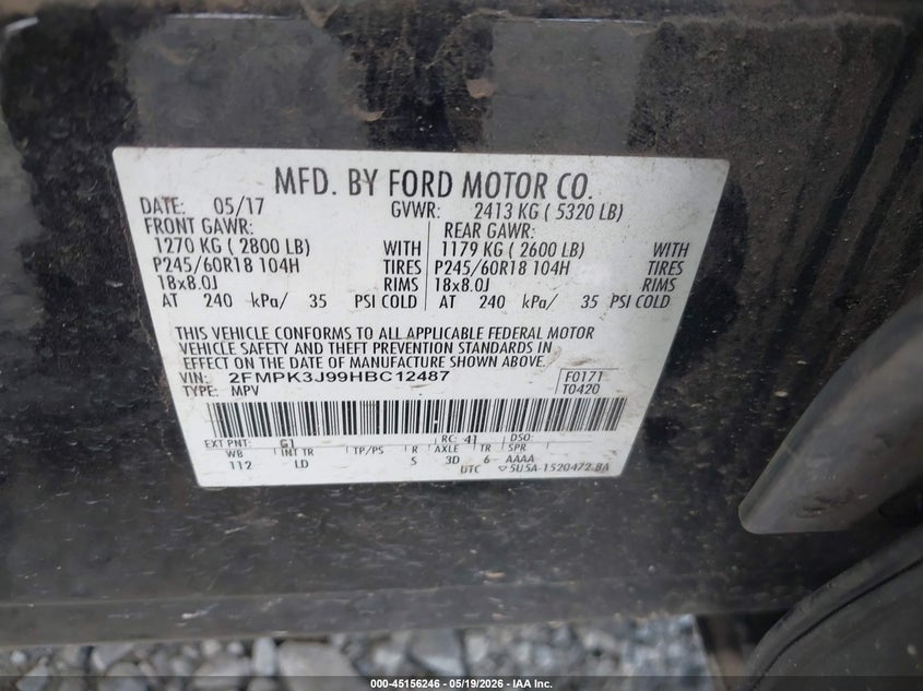 VIN 2FMPK3J99HBC12487 2017 FORD EDGE SEL