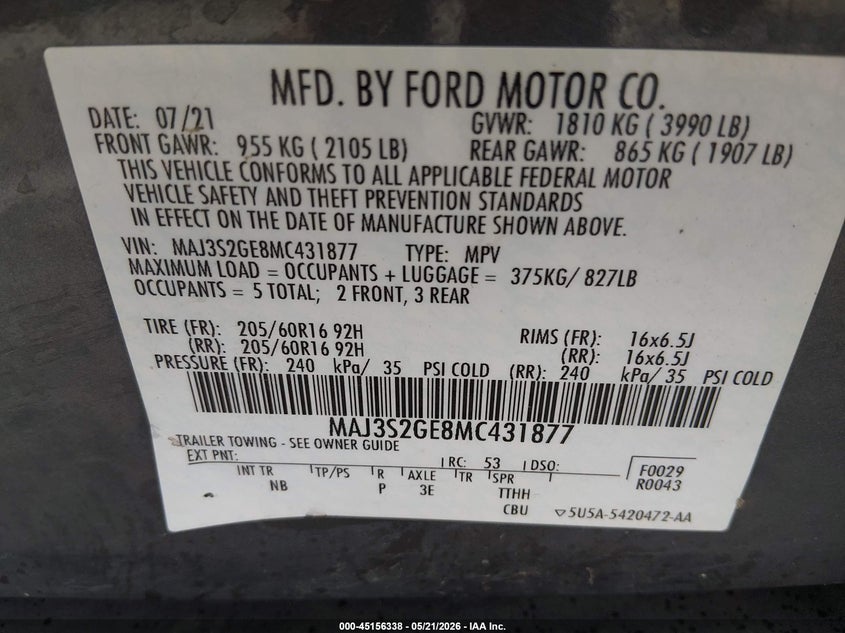 2021 Ford Ecosport Se VIN: MAJ3S2GE8MC431877 Lot: 45156338