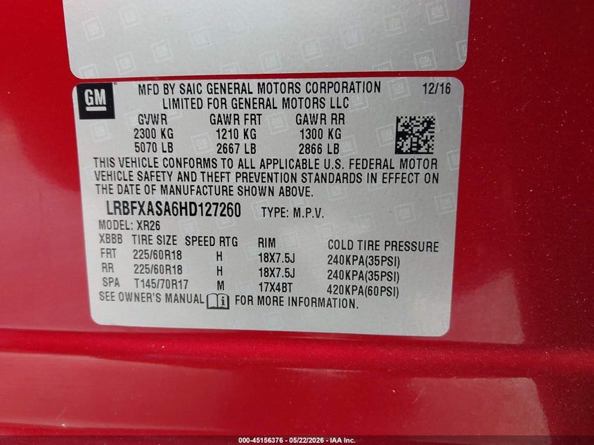 2017 Buick Envision Preferred VIN: LRBFXASA6HD127260 Lot: 45156376