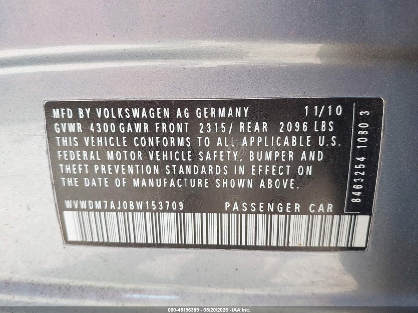 2011 Volkswagen Golf Tdi 4-Door VIN: WVWDM7AJ0BW153709 Lot: 45156389