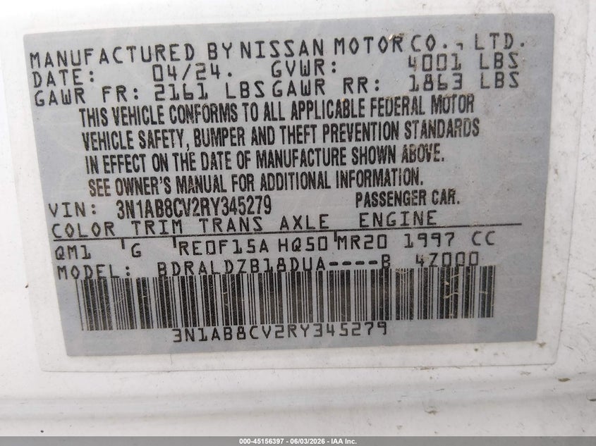 VIN 3N1AB8CV2RY345279 2024 NISSAN SENTRA SV XTRONIC CVT