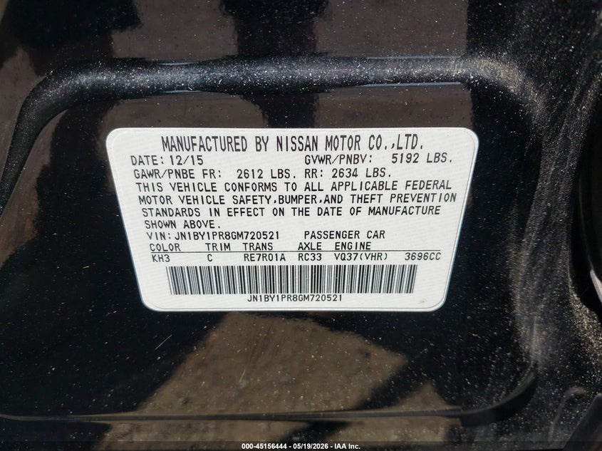 2016 Infiniti Q70L 3.7X VIN: JN1BY1PR8GM720521 Lot: 45156444