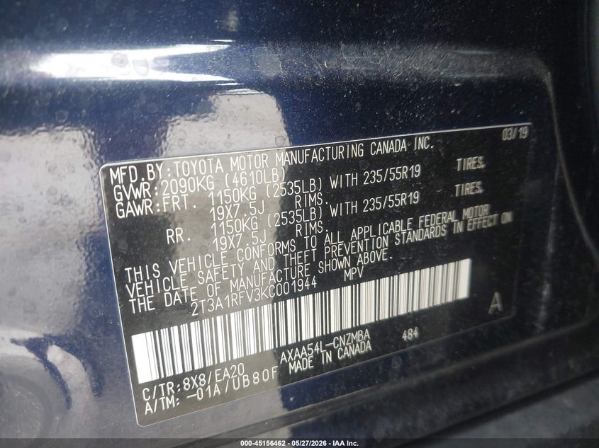 VIN 2T3A1RFV3KC001944 2019 TOYOTA RAV4 XLE PREMIUM