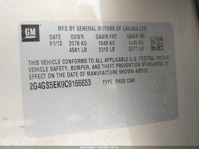 2012 Buick Regal Premium 1 VIN: 2G4GS5EK9C9166653 Lot: 45156500