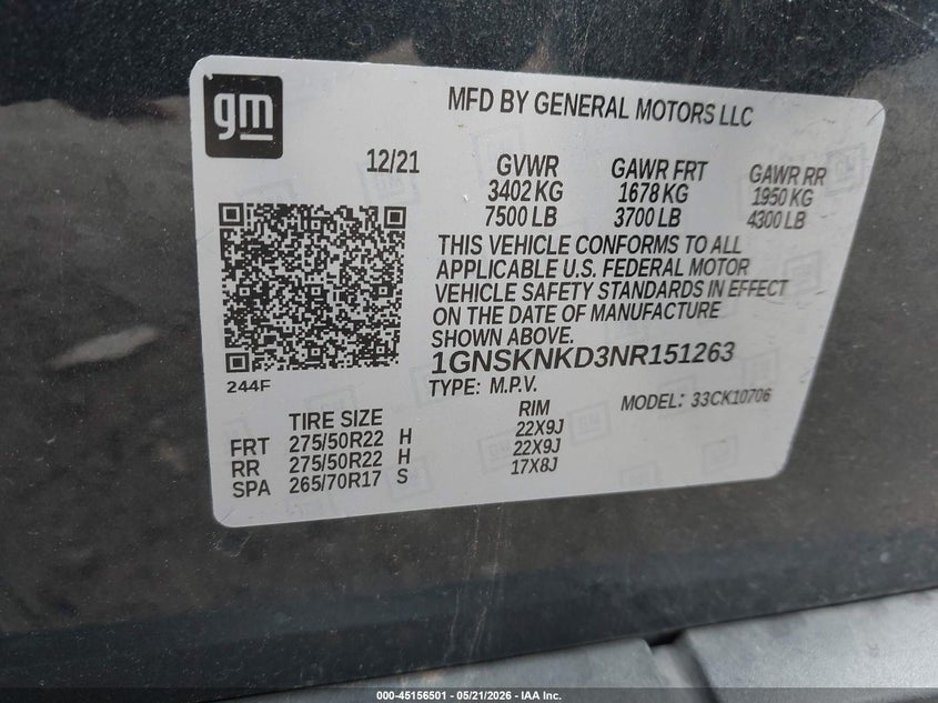 2022 Chevrolet Tahoe 4Wd Lt VIN: 1GNSKNKD3NR151263 Lot: 45156501