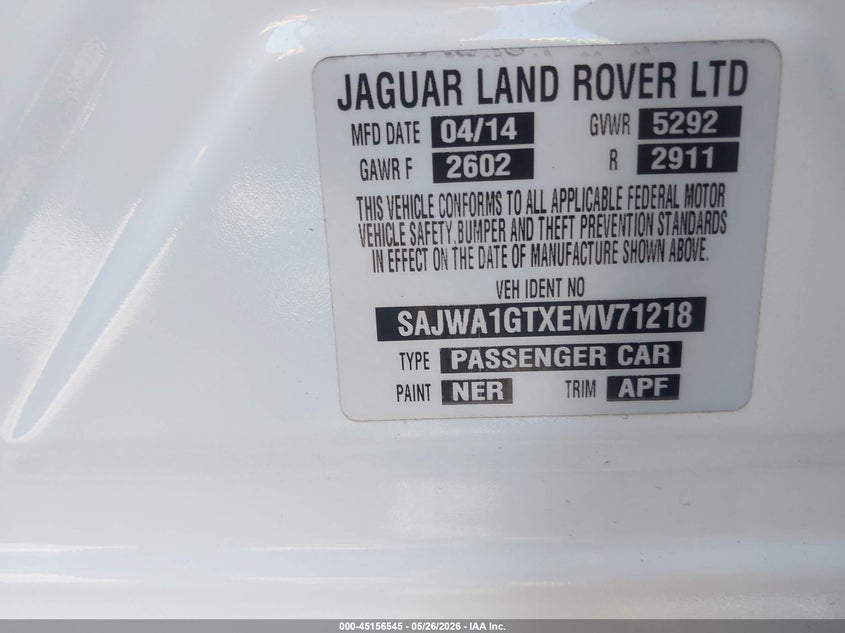 2014 Jaguar Xj Supercharged VIN: SAJWA1GTXEMV71218 Lot: 45156545