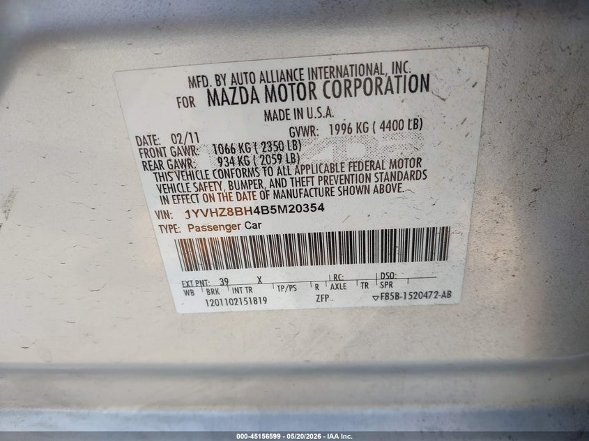 2011 Mazda 6 2.5 I Sport silver Lot 111045156599 Vin 1YVHZ8BH4B5M20354