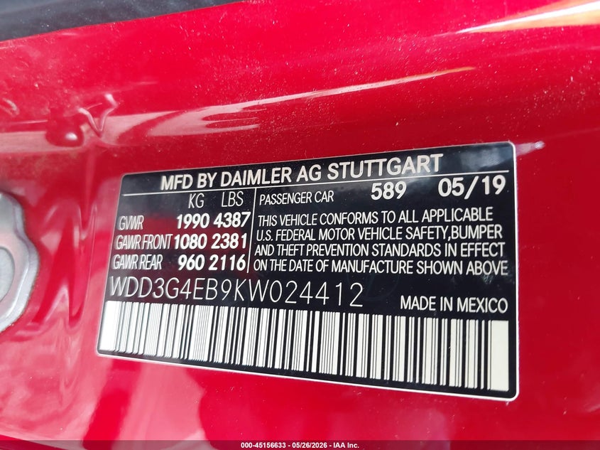 2019 Mercedes-Benz A 220 VIN: WDD3G4EB9KW024412 Lot: 45156633