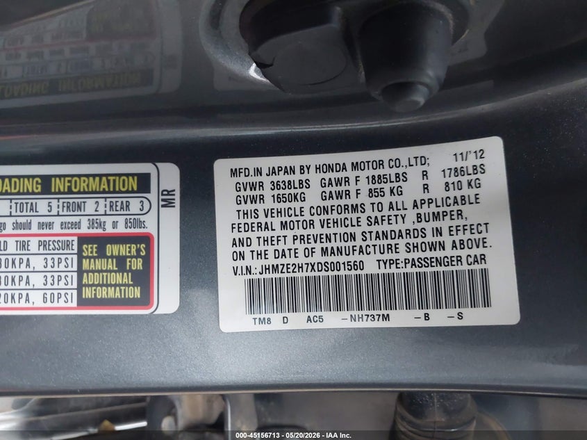 2013 Honda Insight Ex VIN: JHMZE2H7XDS001560 Lot: 45156713