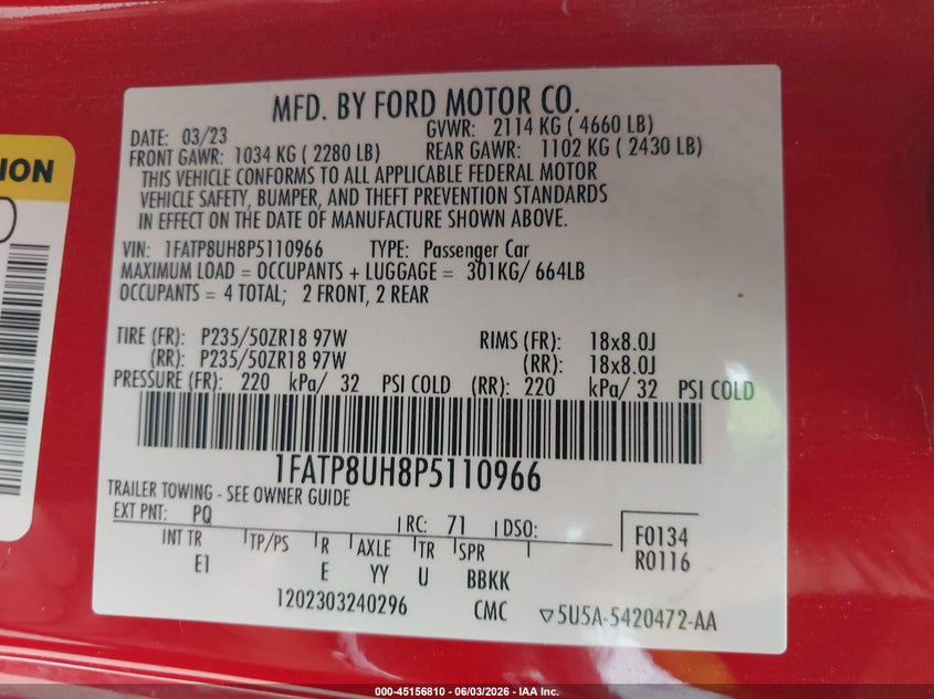 2023 Ford Mustang Ecoboost Premium VIN: 1FATP8UH8P5110966 Lot: 45156810