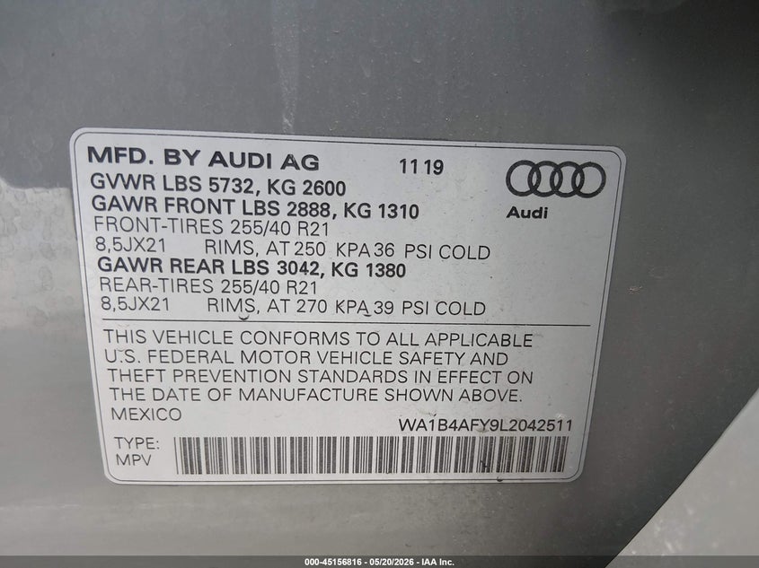 2020 Audi Sq5 Premium Plus Tfsi Quattro Tiptronic VIN: WA1B4AFY9L2042511 Lot: 45156816