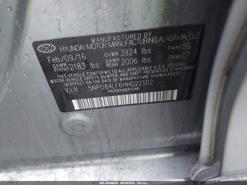VIN 5NPD84LF6HH022102 2017 HYUNDAI ELANTRA LIMITED