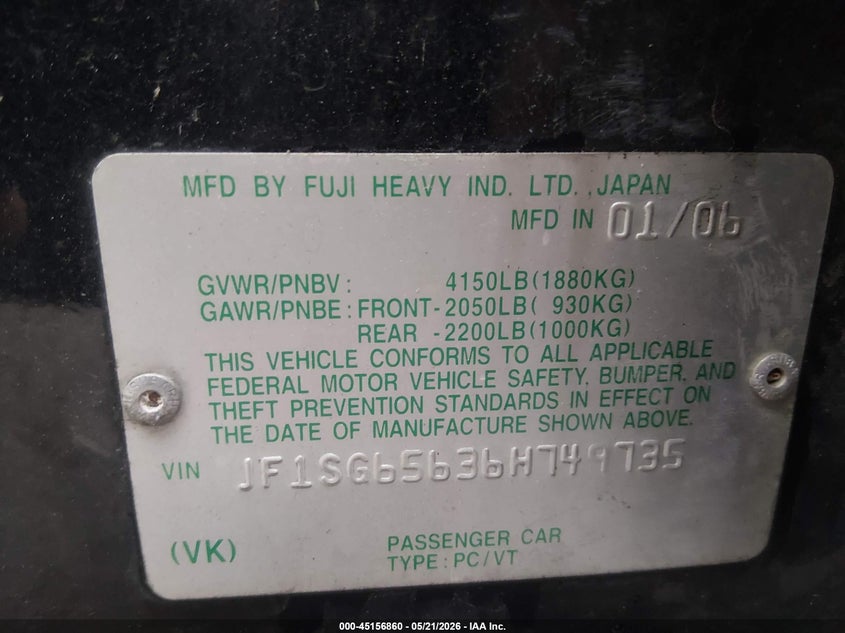 2006 Subaru Forester 2.5X VIN: JF1SG65636H749735 Lot: 45156860