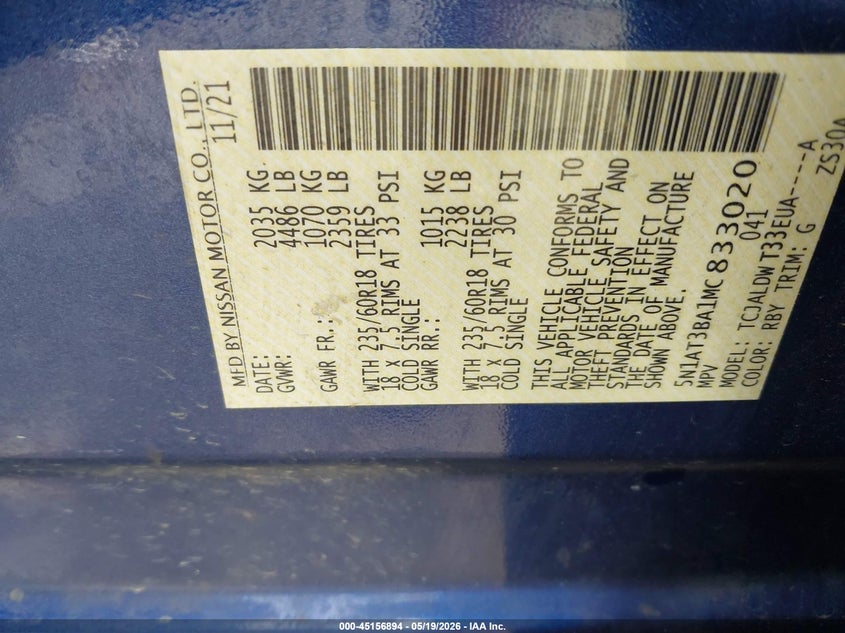 VIN 5N1AT3BA1MC833020 2021 NISSAN ROGUE SV FWD