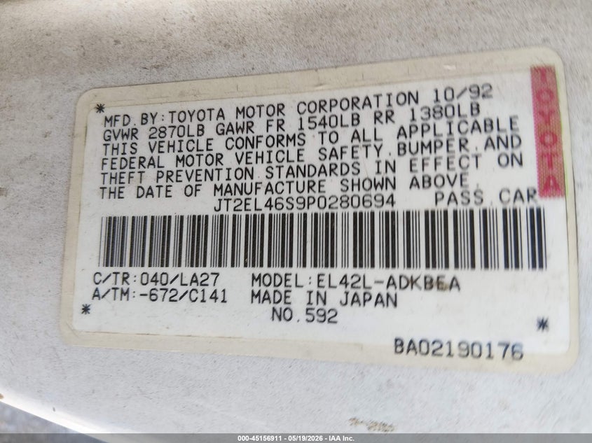 1993 Toyota Tercel Std VIN: JT2EL46S9P0280694 Lot: 45156911