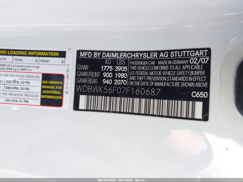 2007 Mercedes-Benz Slk 350 VIN: WDBWK56F07F160687 Lot: 45157033