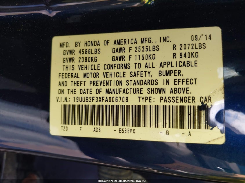 2015 Acura Tlx V6 VIN: 19UUB2F3XFA006708 Lot: 45157059