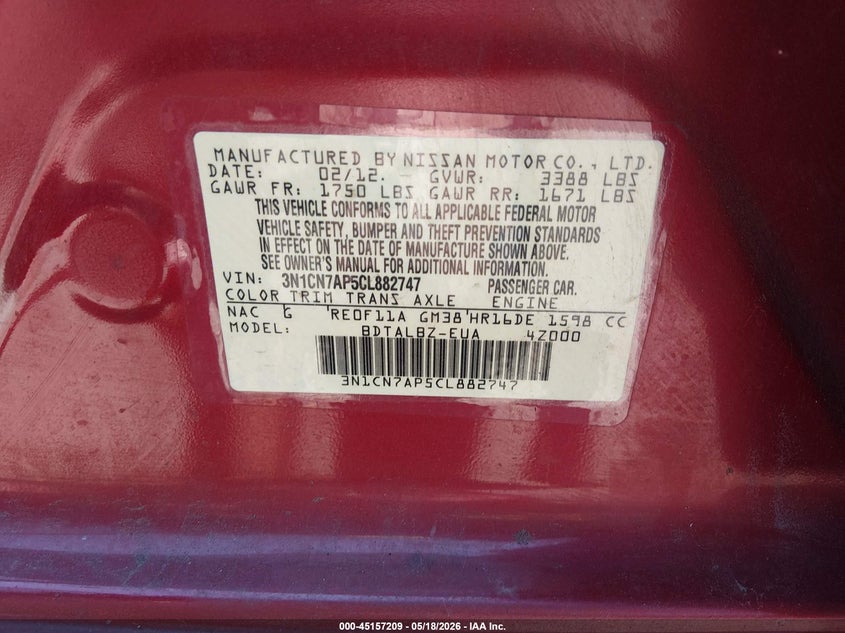 2012 Nissan Versa 1.6 1.6 Sv Red Lot 111045157209 Vin 3N1CN7AP5CL882747