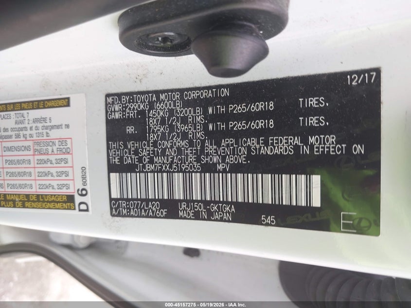 2018 Lexus Gx 460 VIN: JTJBM7FXXJ5195035 Lot: 45157275