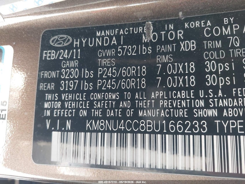 2011 Hyundai Veracruz Limited VIN: KM8NU4CC8BU166233 Lot: 45157318